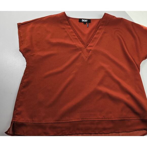 DKNY chiffon trim layered mixed media velour neck top L fall color orange casual - Picture 6 of 9
